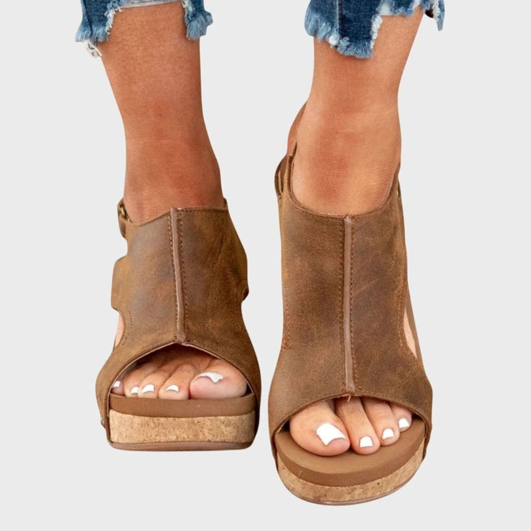 Women's Orthopedic Wedge Sandals Cushioned Open-Toe Buckle Platform - Brown