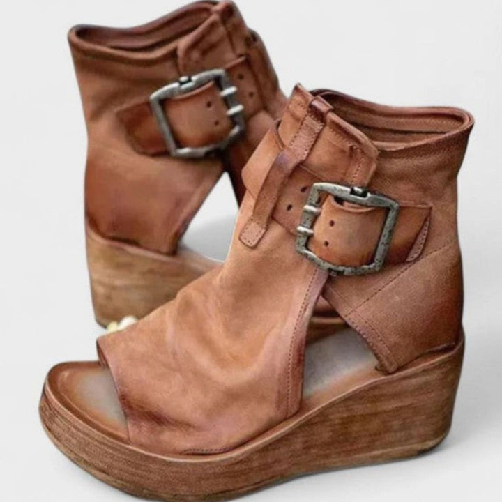 Women's Orthopedic Wedge Sandals Triple Arch Support Peep-Toe Buckle - Brown