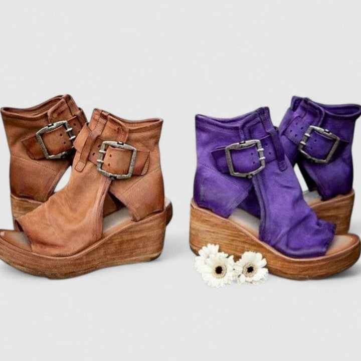 Women's Orthopedic Wedge Sandals Triple Arch Support Peep-Toe Buckle