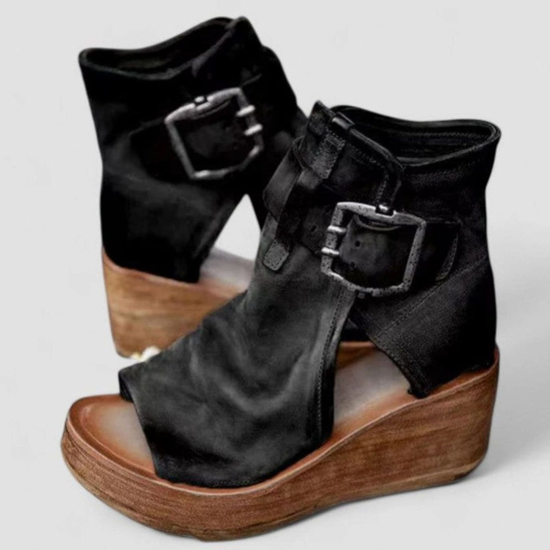 Women's Orthopedic Wedge Sandals Triple Arch Support Peep-Toe Buckle - Black