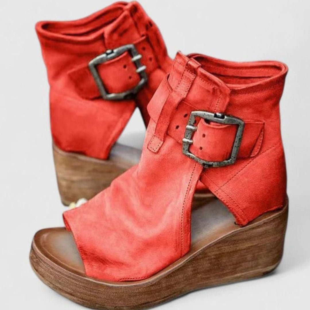 Women's Orthopedic Wedge Sandals Triple Arch Support Peep-Toe Buckle - Red