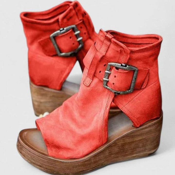 Women's Orthopedic Wedge Sandals Triple Arch Support Peep-Toe Buckle - Red
