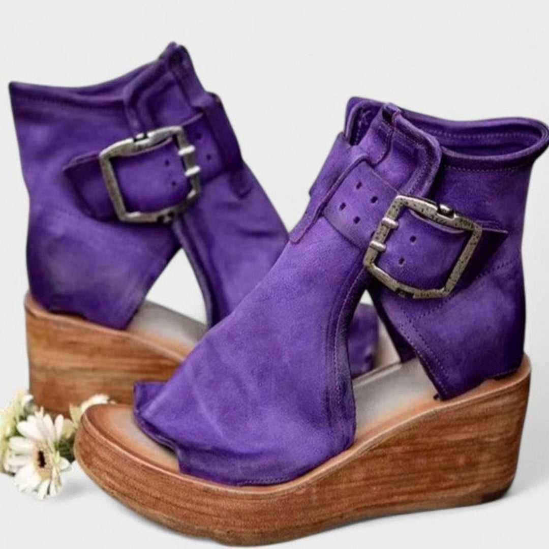 Women's Orthopedic Wedge Sandals Triple Arch Support Peep-Toe Buckle - Purple