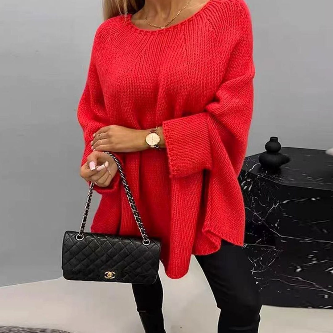 Women's Oversized Batwing-Sleeve Loose-Fit Knitted Sweater - Red