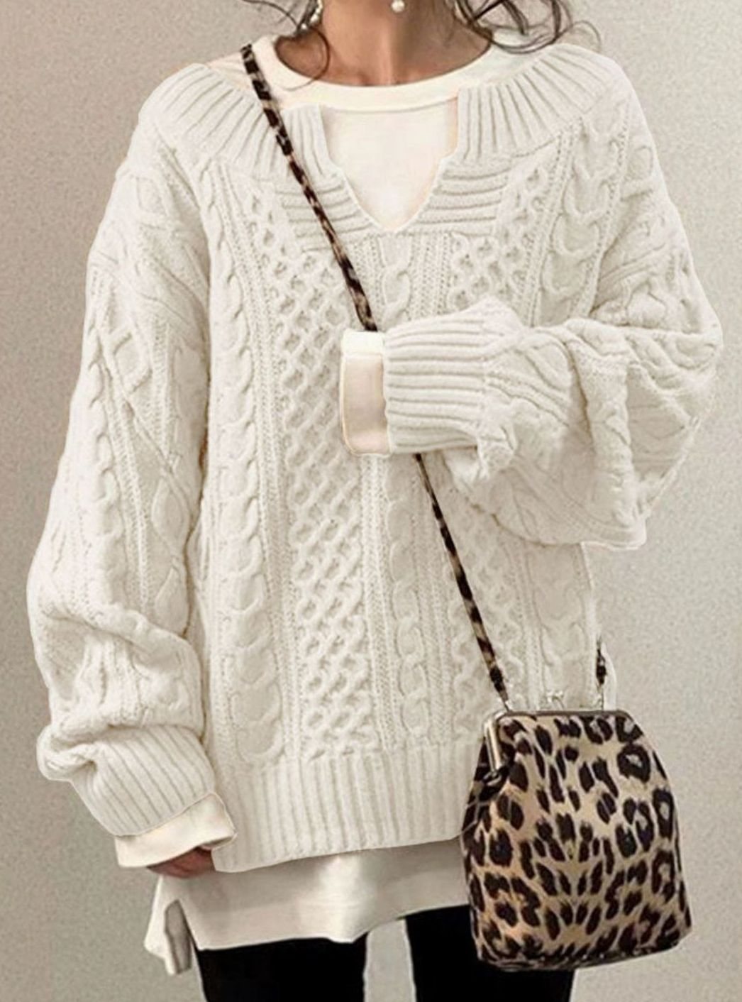 Women's Oversized Cable Knit Sweater V-Neck Detail