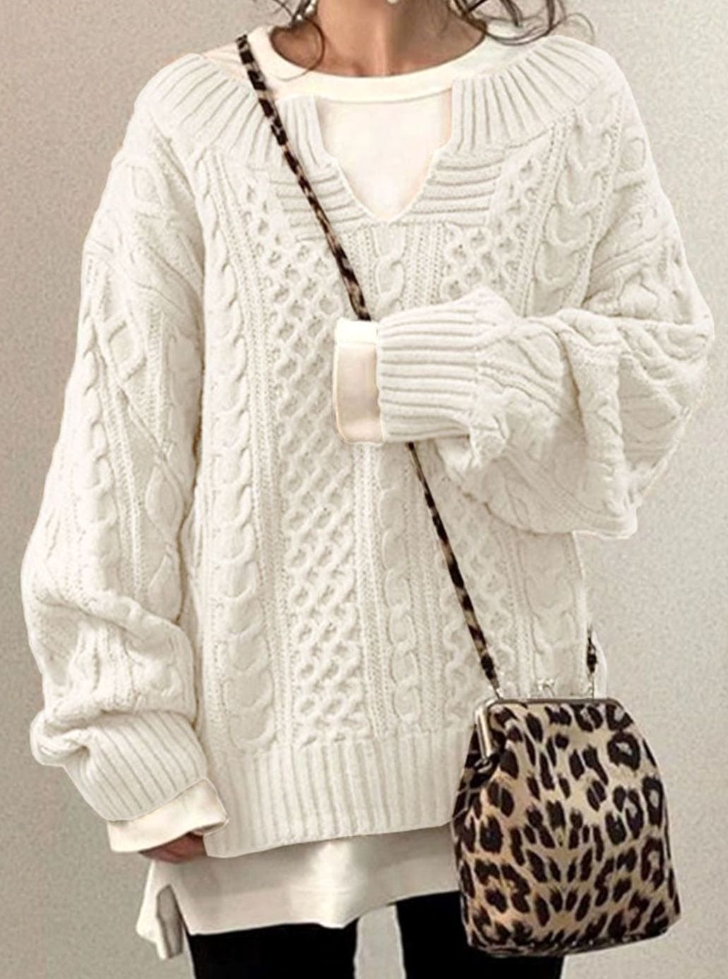 Women's Oversized Cable Knit Sweater V-Neck Detail - White