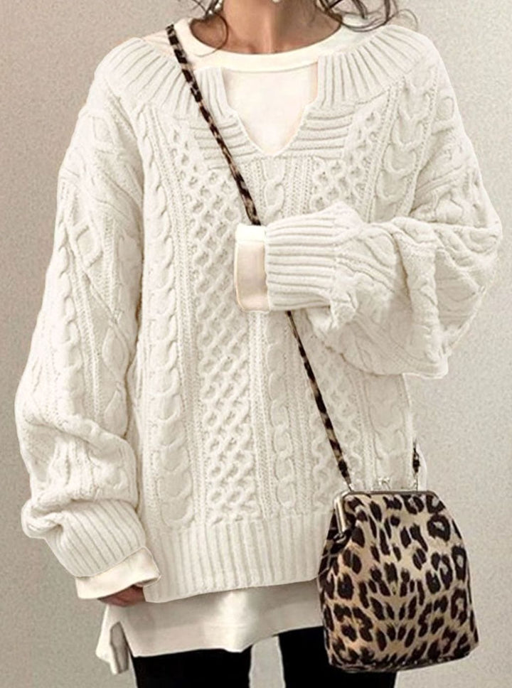 Women's Oversized Cable Knit Sweater V-Neck Detail - White