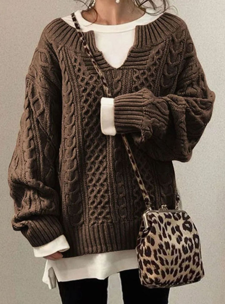 Women's Oversized Cable Knit Sweater V-Neck Detail - Brown