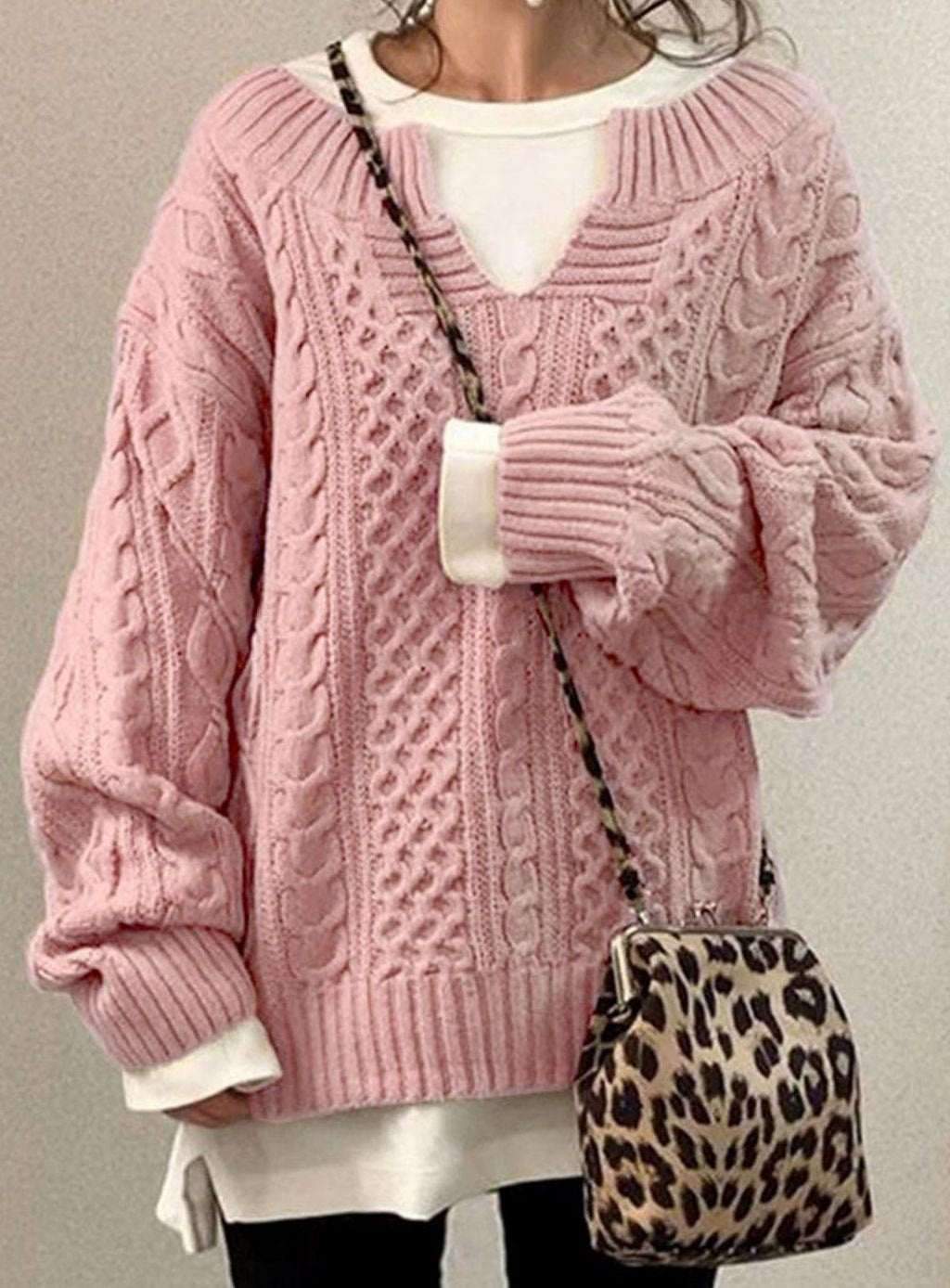 Women's Oversized Cable Knit Sweater V-Neck Detail - Pink