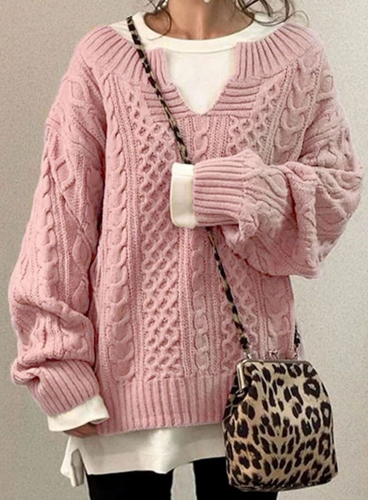 Women's Oversized Cable Knit Sweater V-Neck Detail - Pink