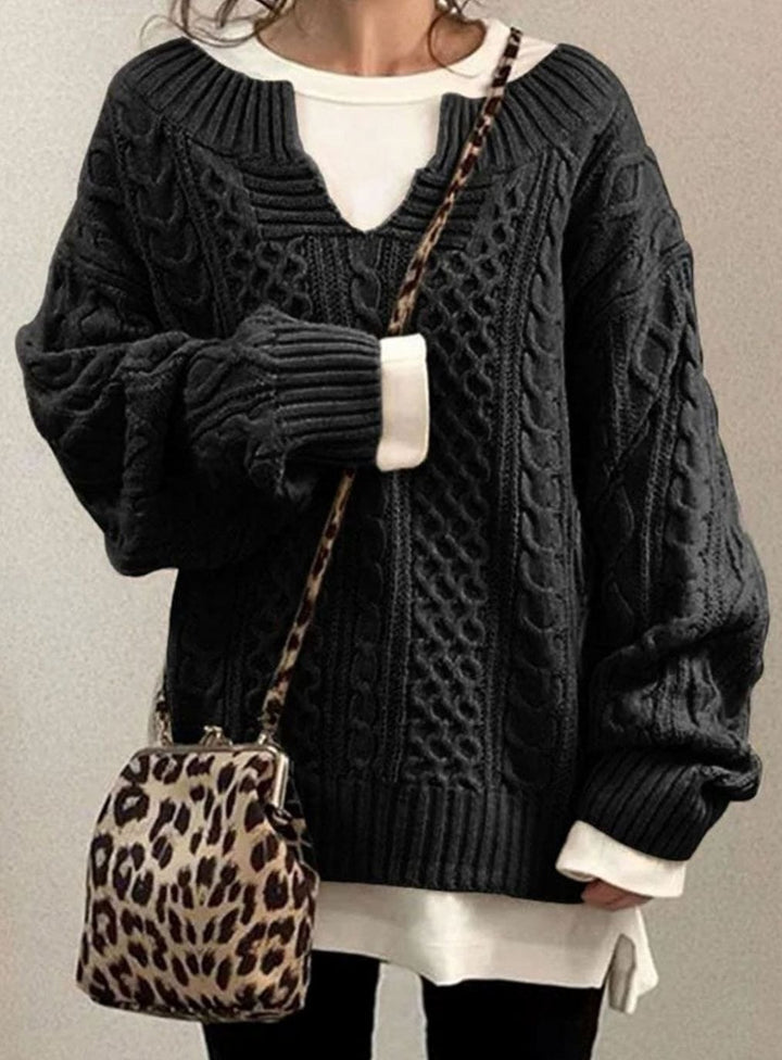 Women's Oversized Cable Knit Sweater V-Neck Detail - Black