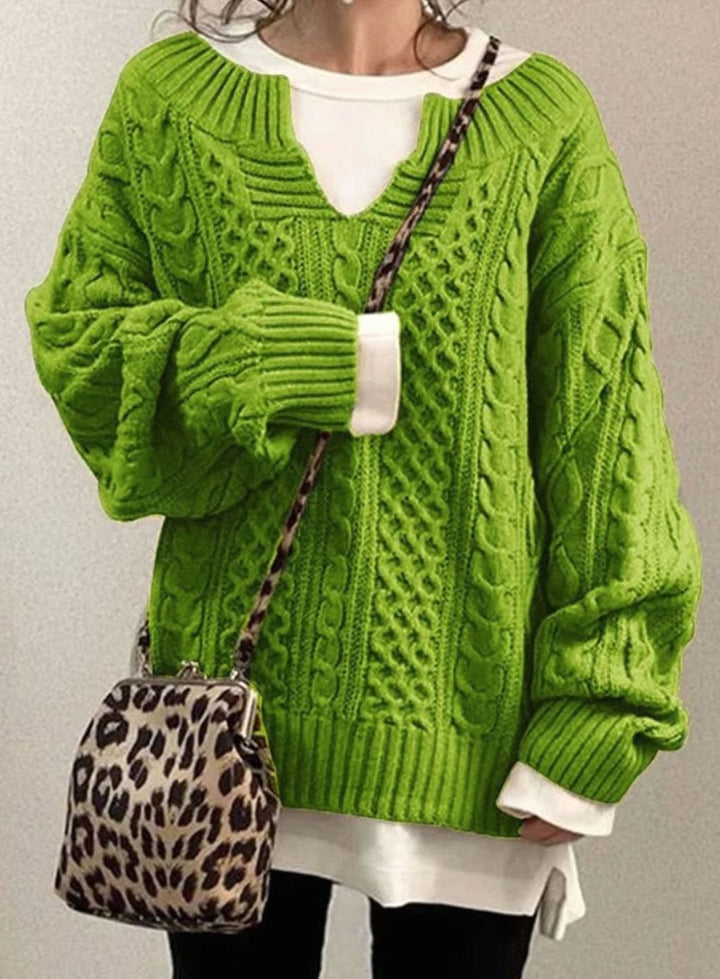 Women's Oversized Cable Knit Sweater V-Neck Detail - Green
