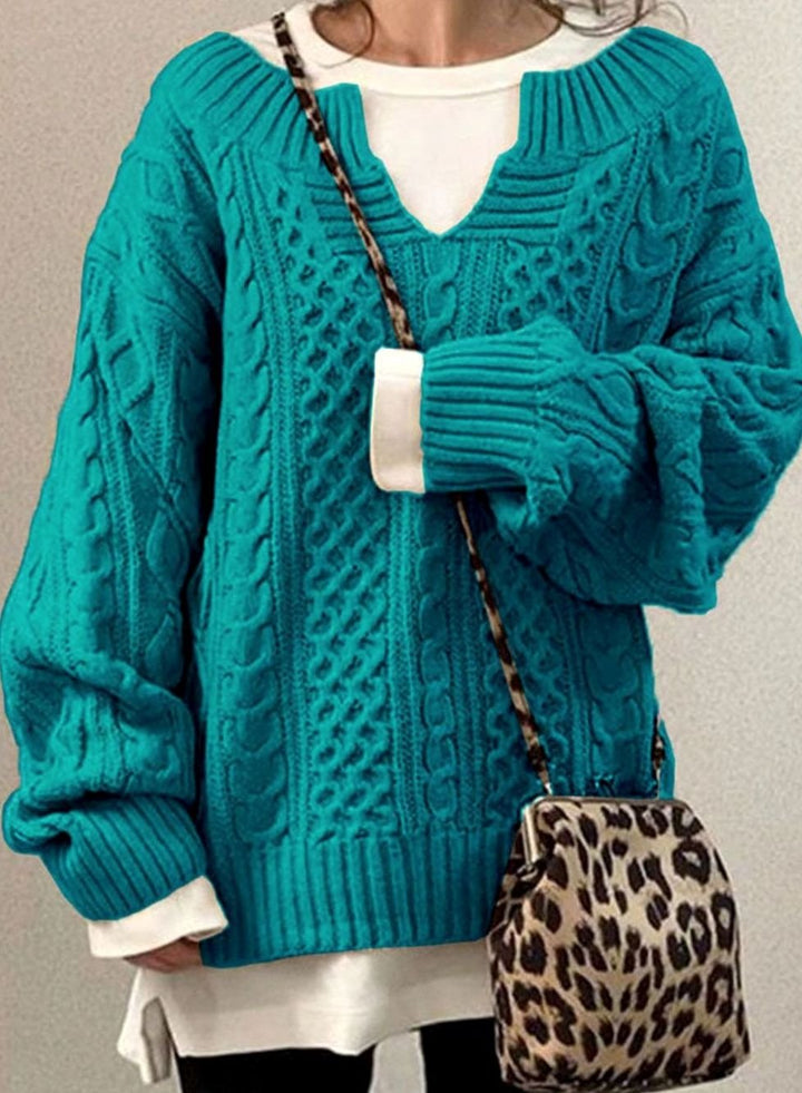 Women's Oversized Cable Knit Sweater V-Neck Detail - Blue
