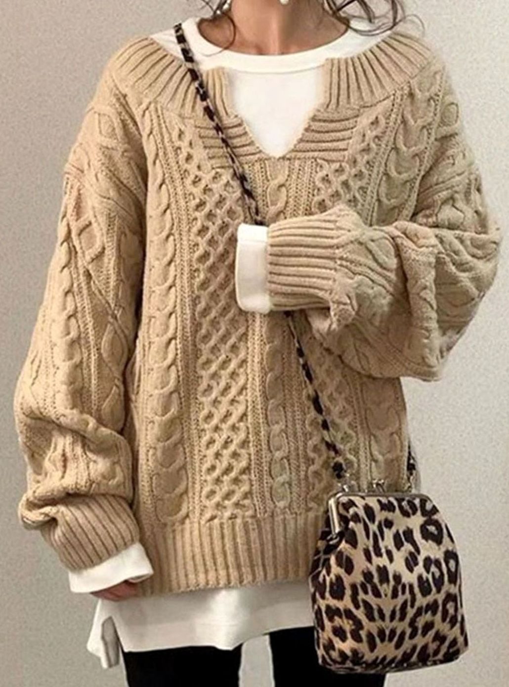 Women's Oversized Cable Knit Sweater V-Neck Detail - Beige