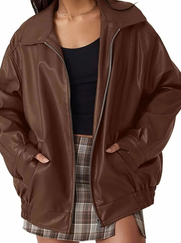 Women's Oversized Faux Leather Zip-Up Bomber Jacket, Brown - Brown