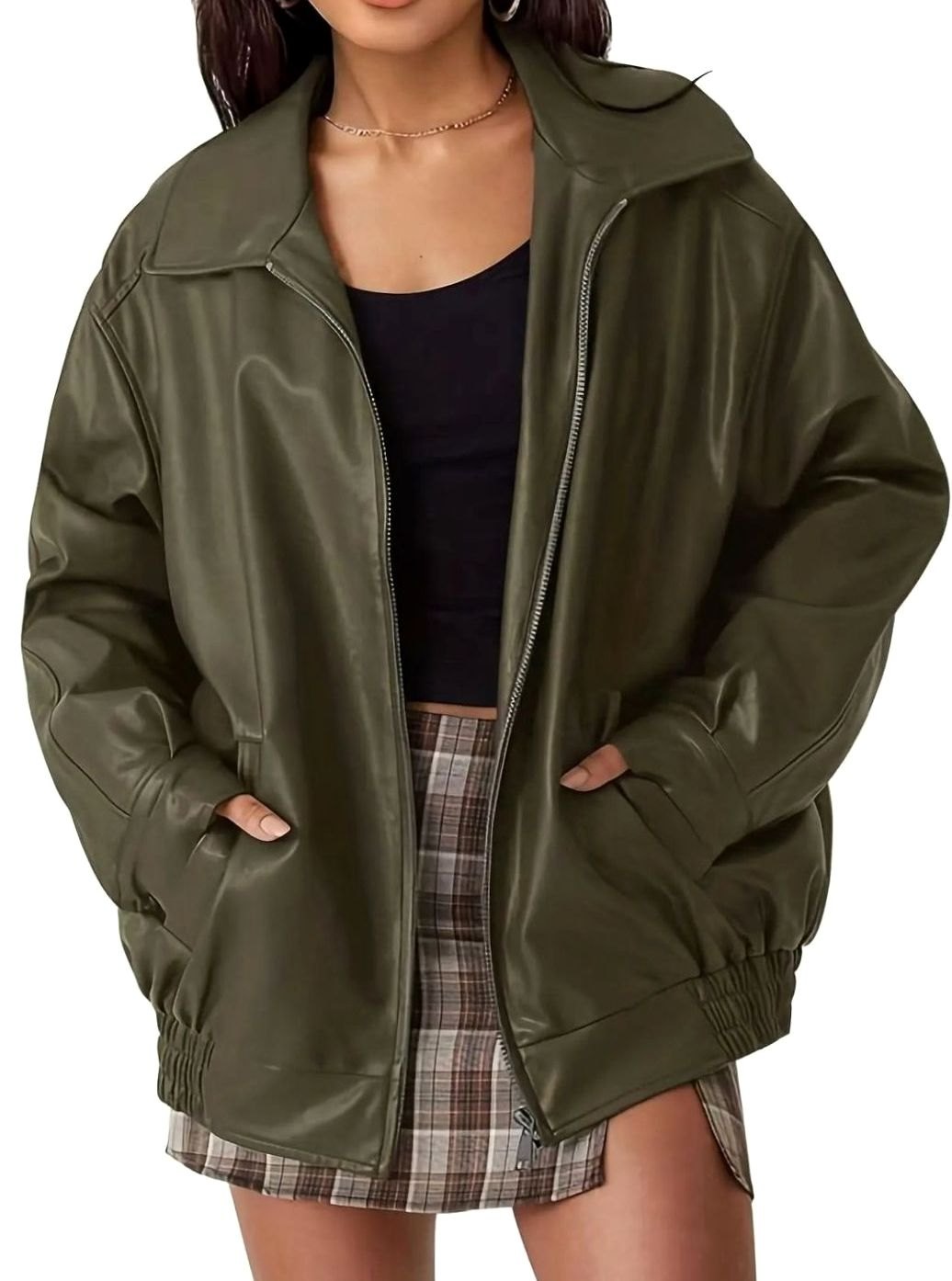 Women's Oversized Faux Leather Zip-Up Bomber Jacket, Brown - Army Green