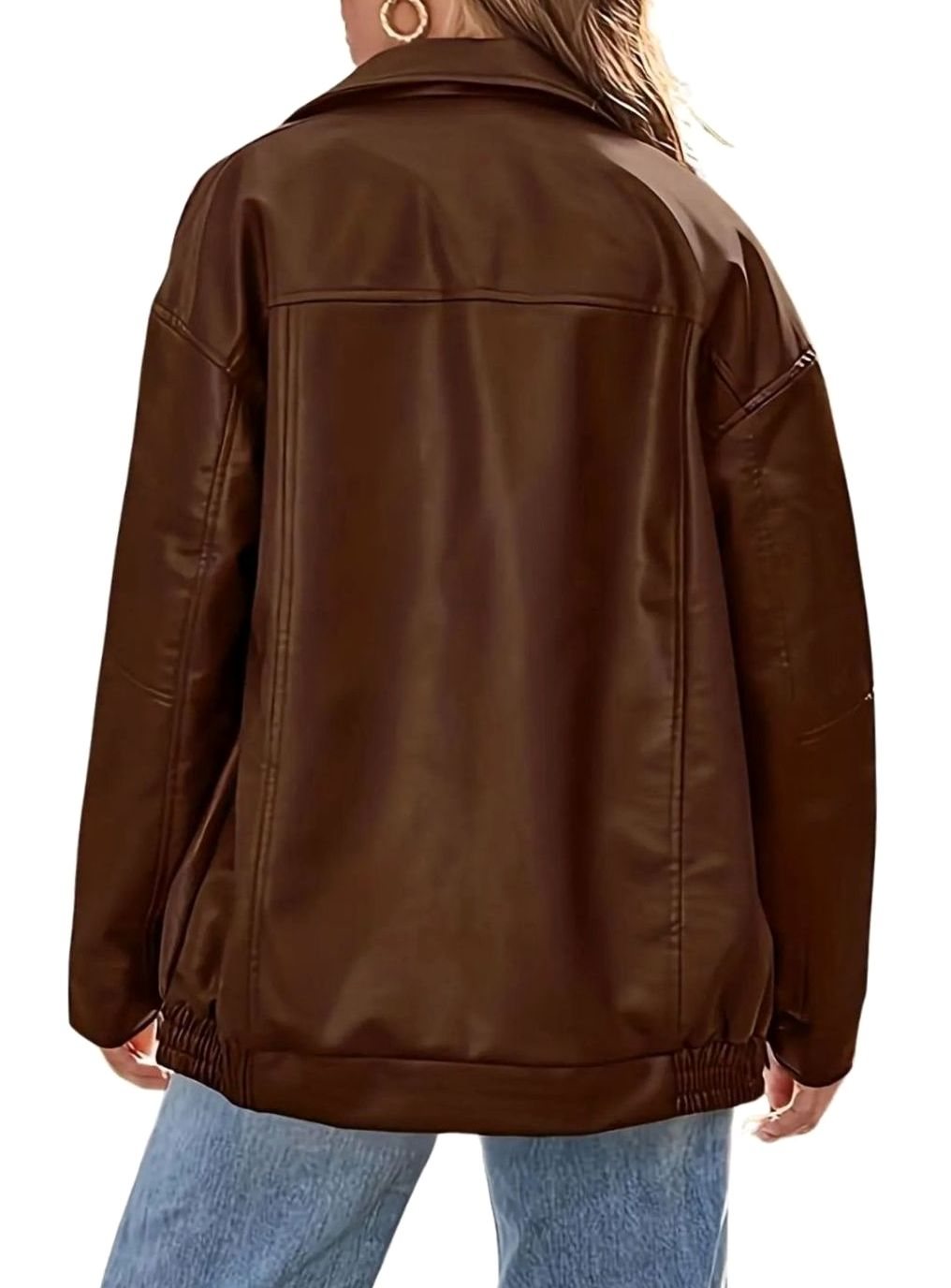 Women's Oversized Faux Leather Zip-Up Bomber Jacket, Brown