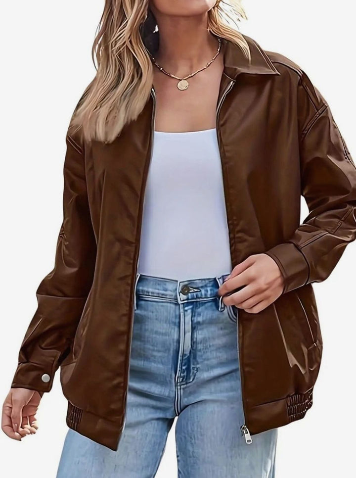 Women's Oversized Faux Leather Zip-Up Bomber Jacket, Brown
