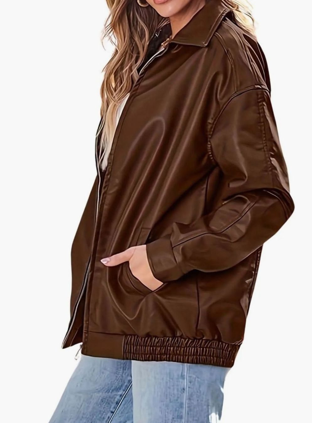 Women's Oversized Faux Leather Zip-Up Bomber Jacket, Brown