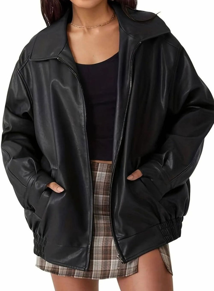 Women's Oversized Faux Leather Zip-Up Bomber Jacket, Brown