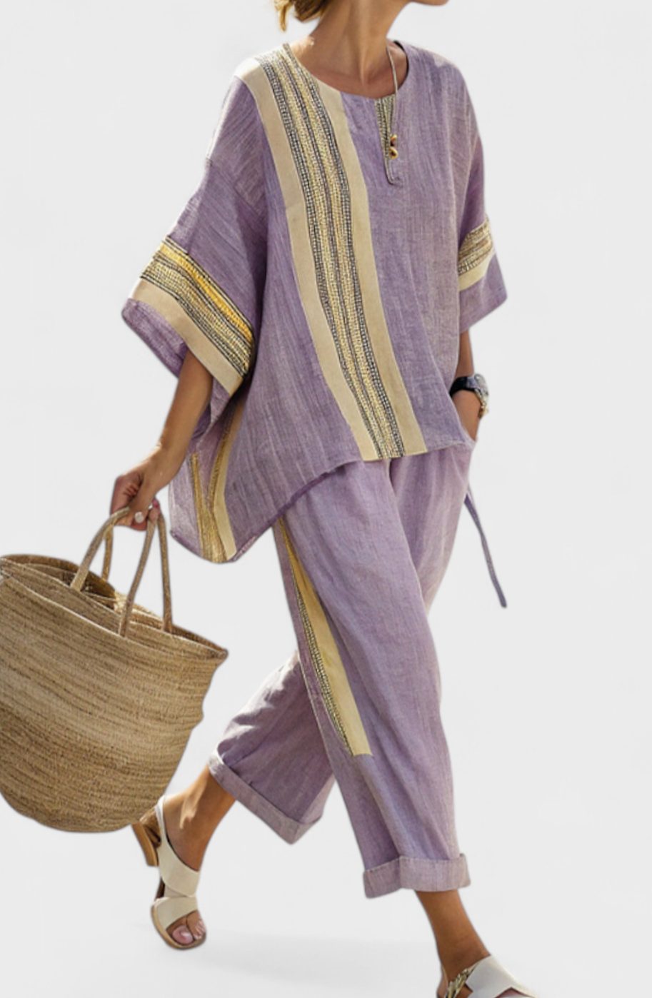 Women's Oversized Lavender Top Mustard Striped Linen Two-Piece Set - Purple