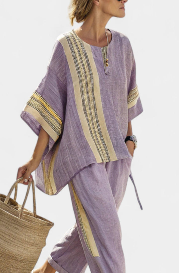 Women's Oversized Lavender Top Mustard Striped Linen Two-Piece Set