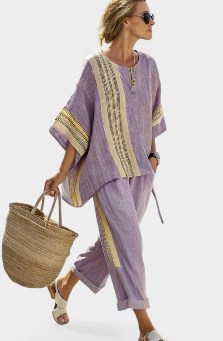 Women's Oversized Lavender Top Mustard Striped Linen Two-Piece Set