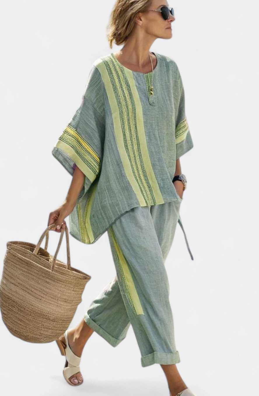 Women's Oversized Lavender Top Mustard Striped Linen Two-Piece Set - Green