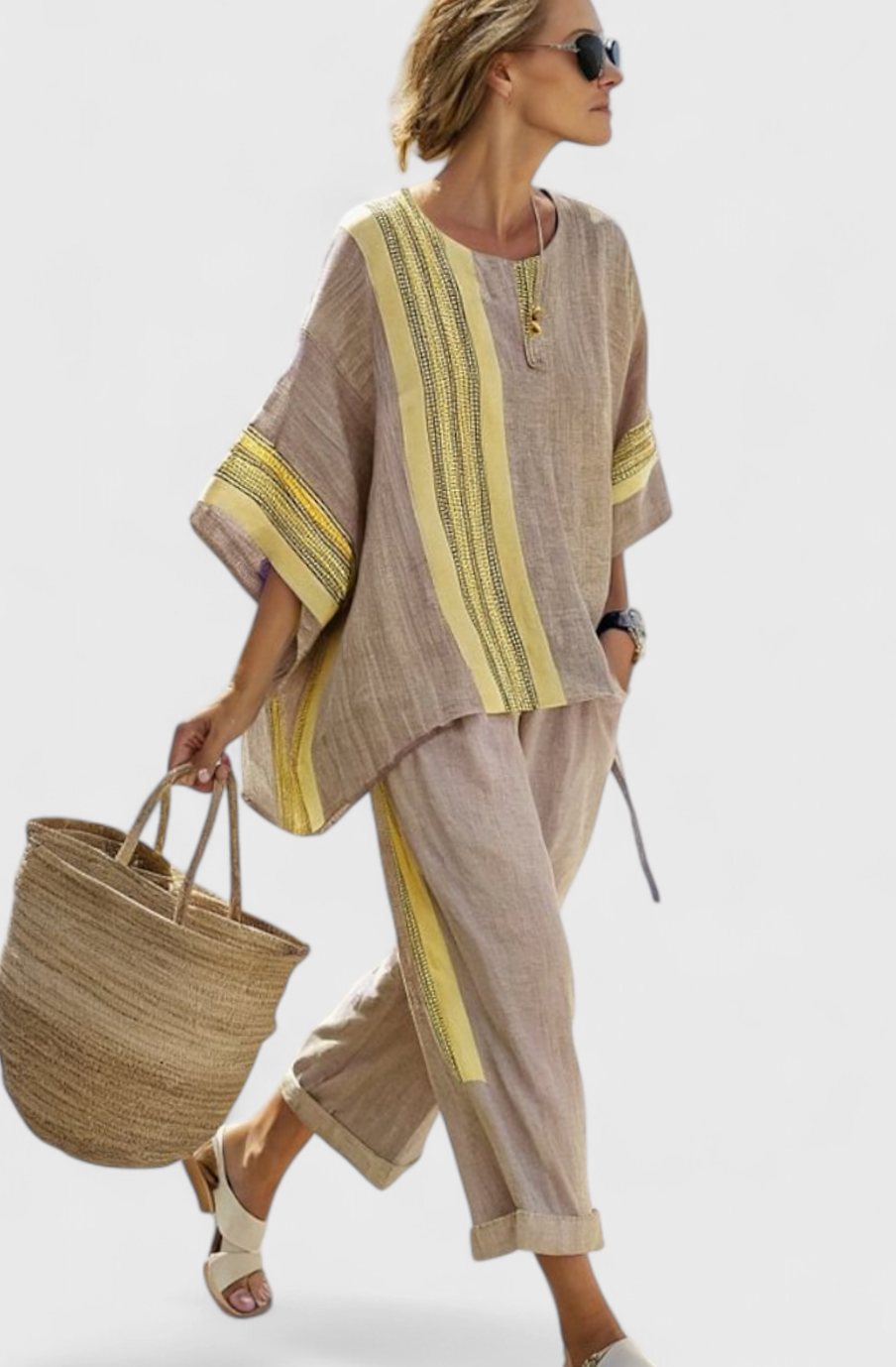 Women's Oversized Lavender Top Mustard Striped Linen Two-Piece Set - Yellow