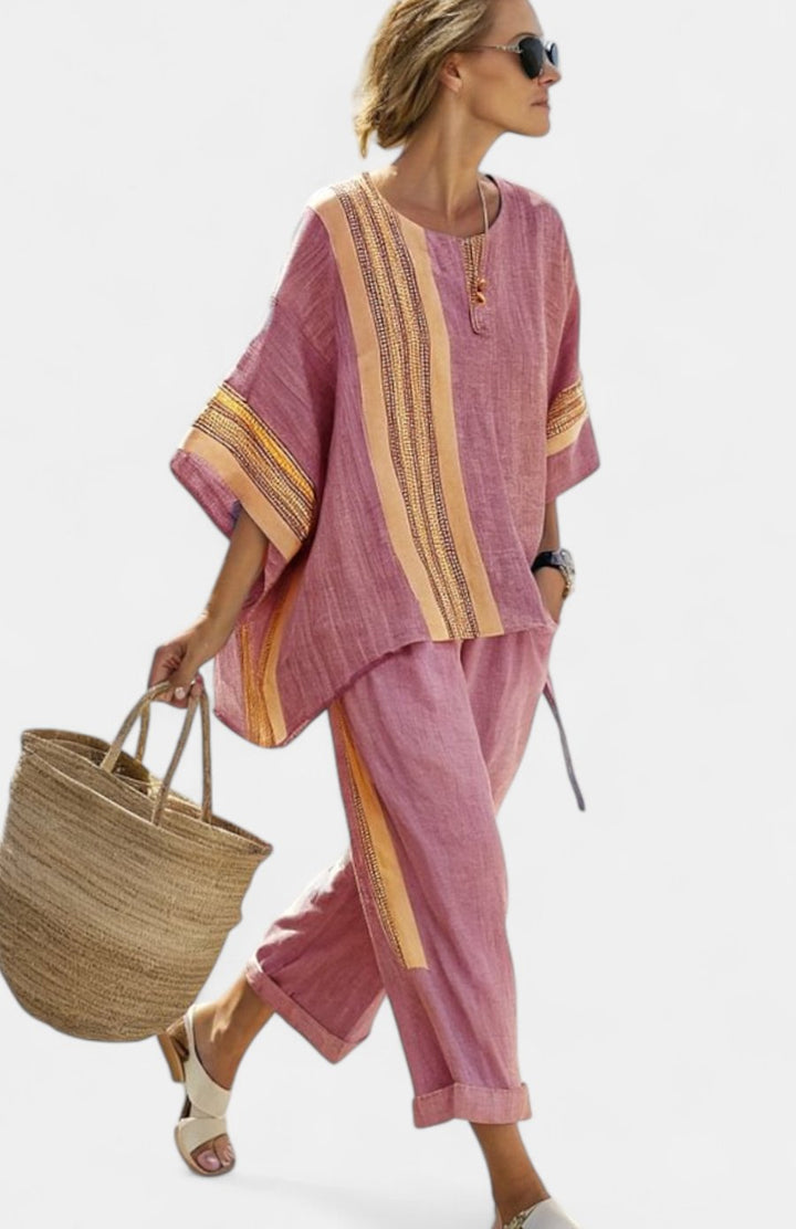 Women's Oversized Lavender Top Mustard Striped Linen Two-Piece Set - Red