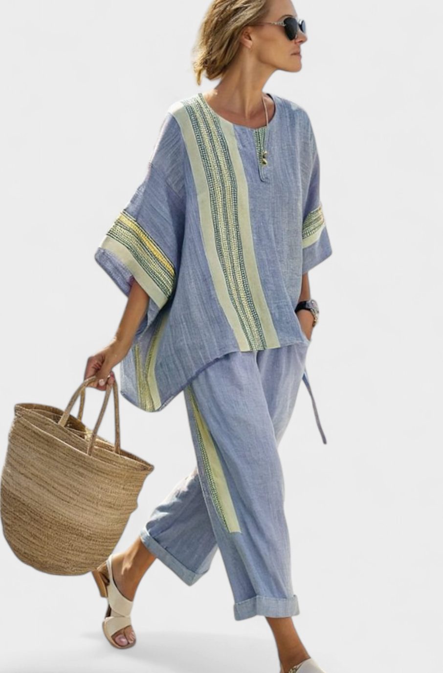 Women's Oversized Lavender Top Mustard Striped Linen Two-Piece Set - Blue