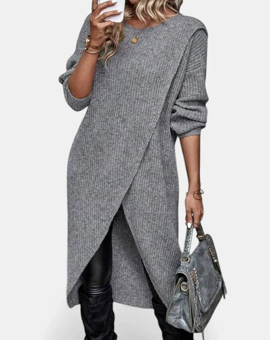 Women's Oversized Long-Sleeve Crossover-Hem Knit Sweater Dress - Gray