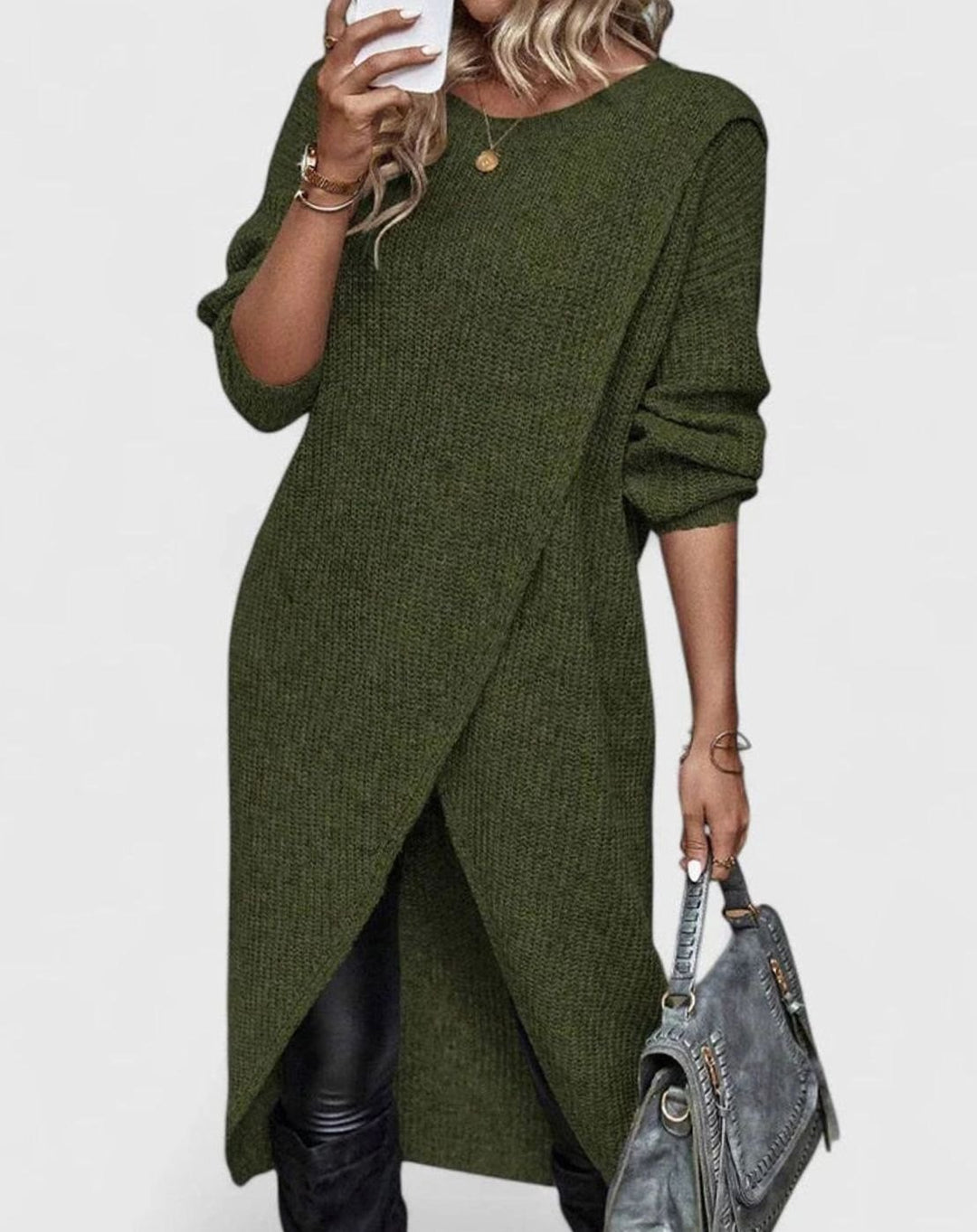 Women's Oversized Long-Sleeve Crossover-Hem Knit Sweater Dress - Green