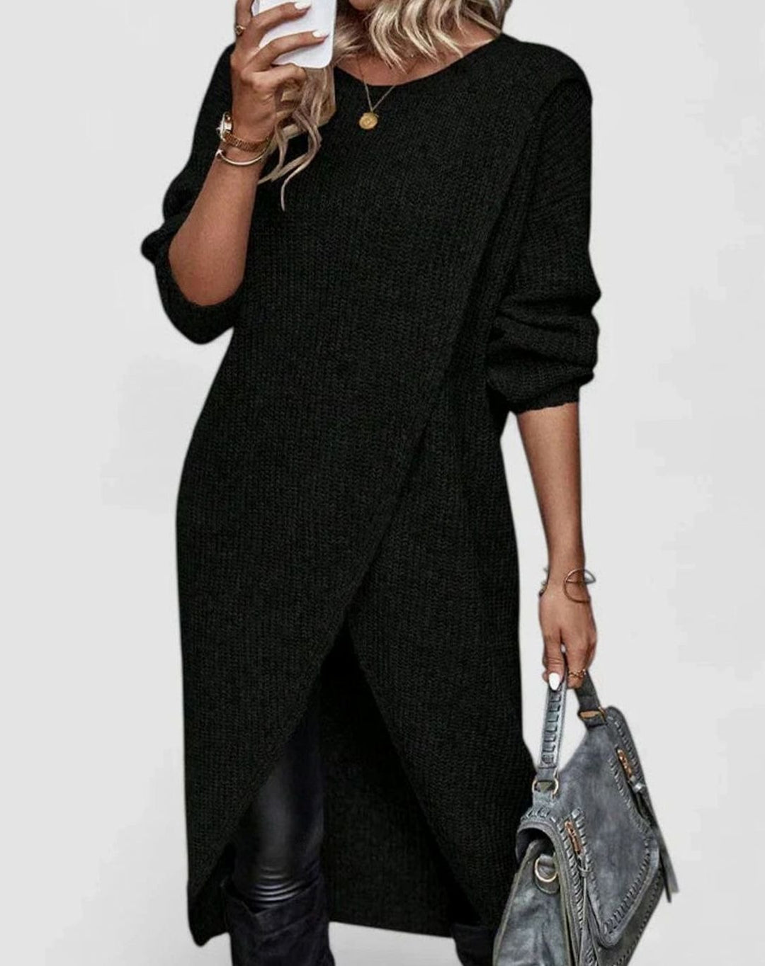 Women's Oversized Long-Sleeve Crossover-Hem Knit Sweater Dress - Black