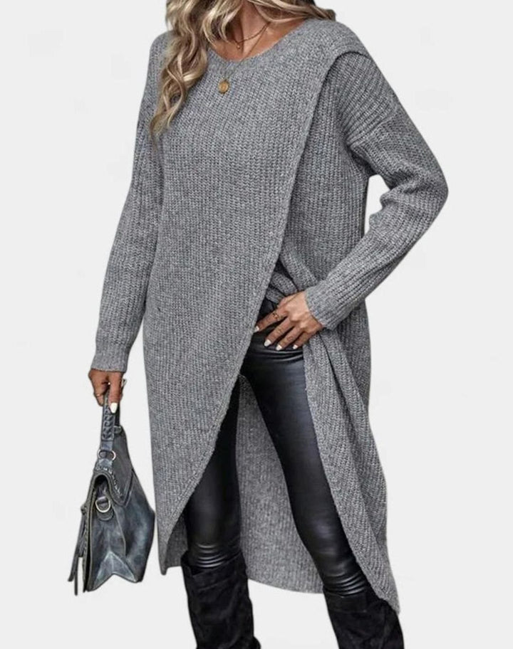 Women's Oversized Long-Sleeve Crossover-Hem Knit Sweater Dress