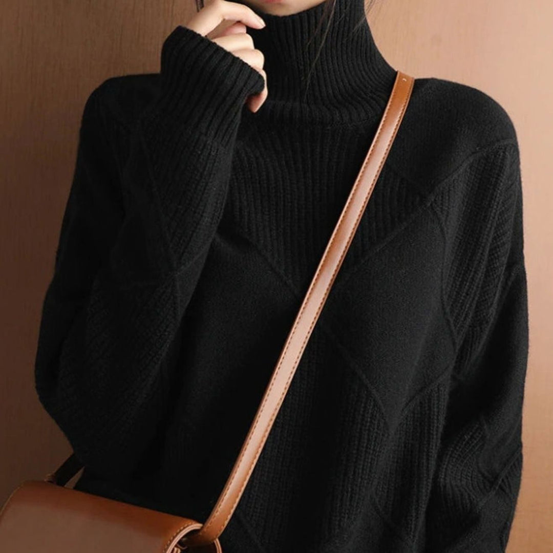 Women's Oversized Mock-Neck Diamond Ribbed Knit Sweater