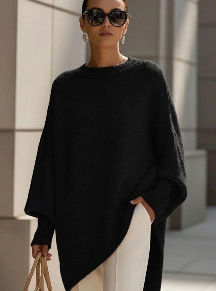Women's Oversized Round-Neck Sweater Asymmetrical Hem Drop-Shoulder Knit - Black