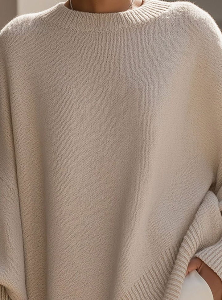 Women's Oversized Round-Neck Sweater Asymmetrical Hem Drop-Shoulder Knit