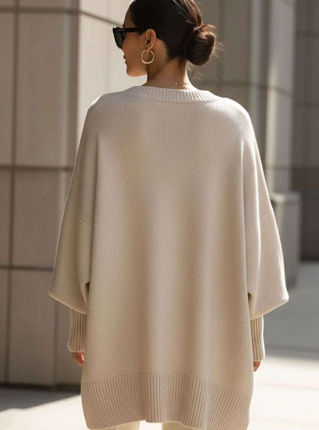 Women's Oversized Round-Neck Sweater Asymmetrical Hem Drop-Shoulder Knit