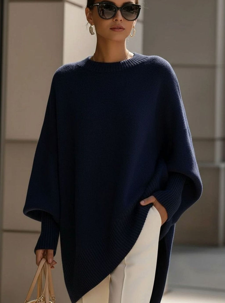 Women's Oversized Round-Neck Sweater Asymmetrical Hem Drop-Shoulder Knit - Navy Blue