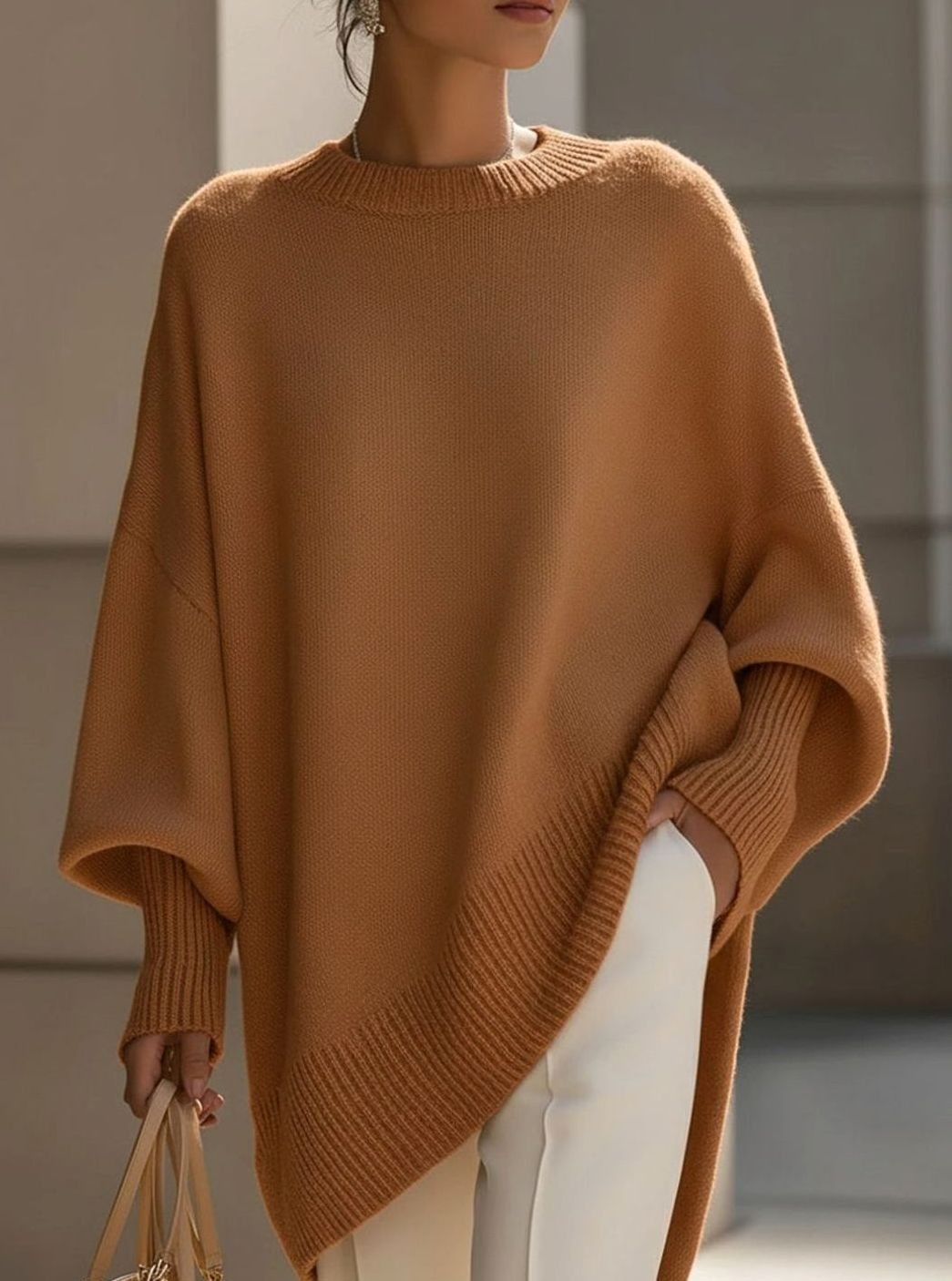 Women's Oversized Round-Neck Sweater Asymmetrical Hem Drop-Shoulder Knit - Brown
