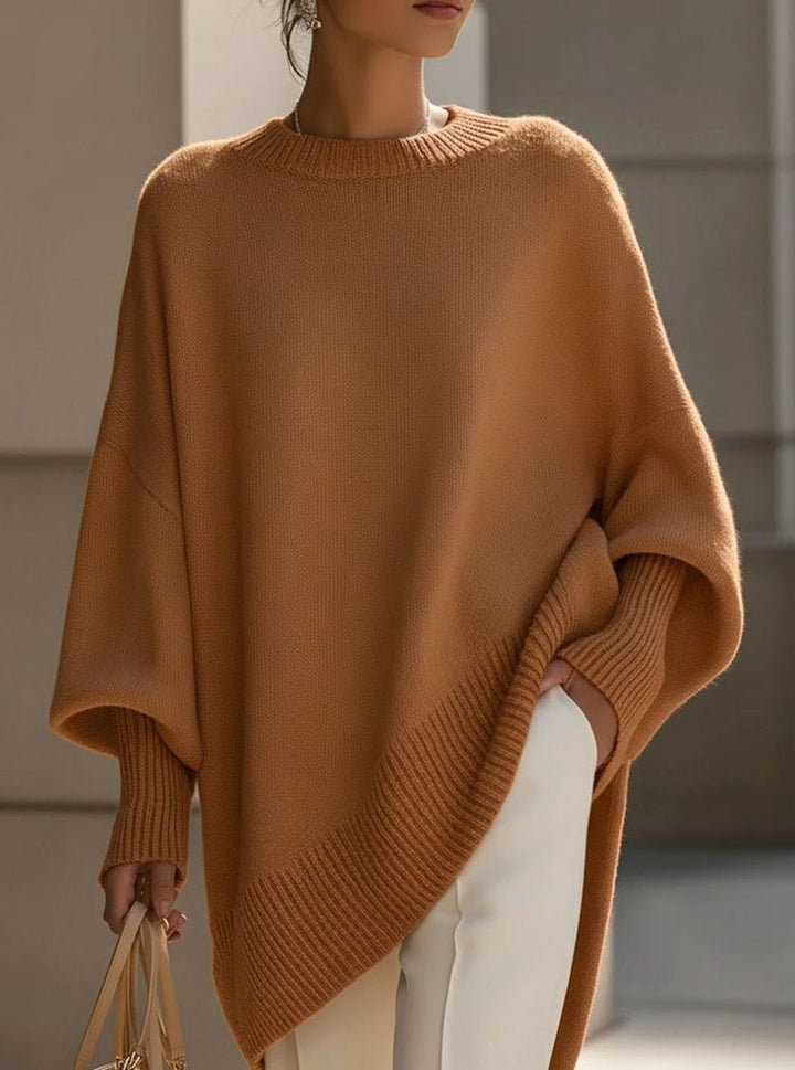 Women's Oversized Round-Neck Sweater Asymmetrical Hem Drop-Shoulder Knit - Brown