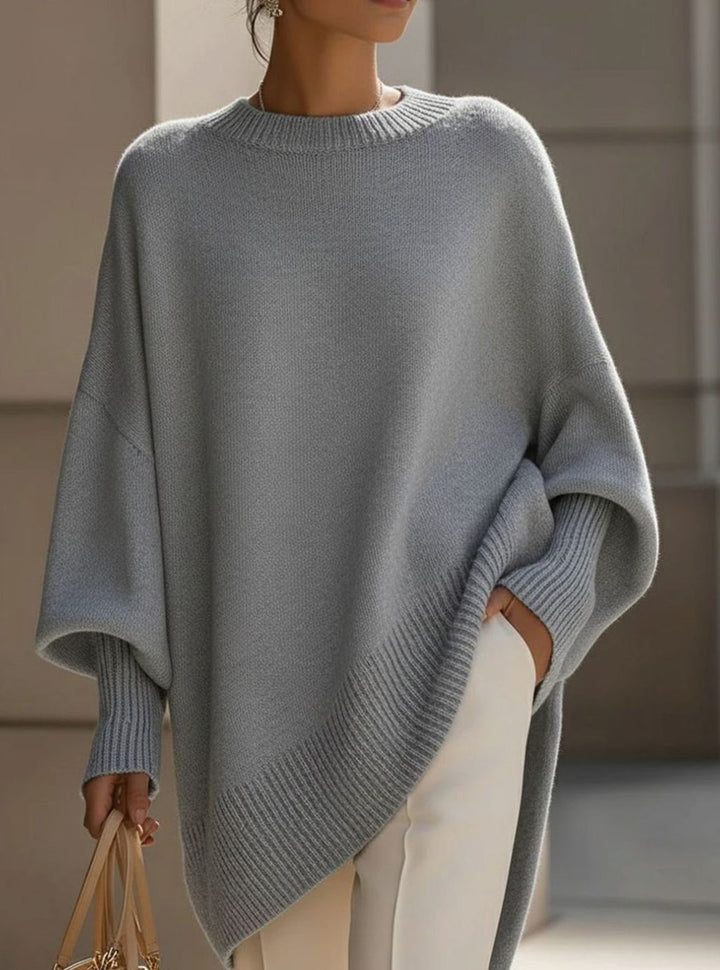 Women's Oversized Round-Neck Sweater Asymmetrical Hem Drop-Shoulder Knit - Gray