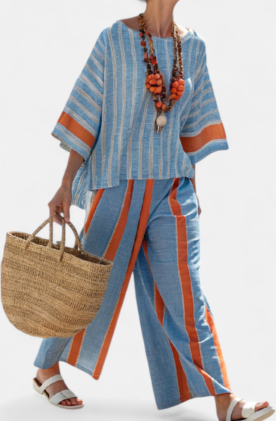 Women's Oversized Striped Top Wide-Leg Linen Pants Set