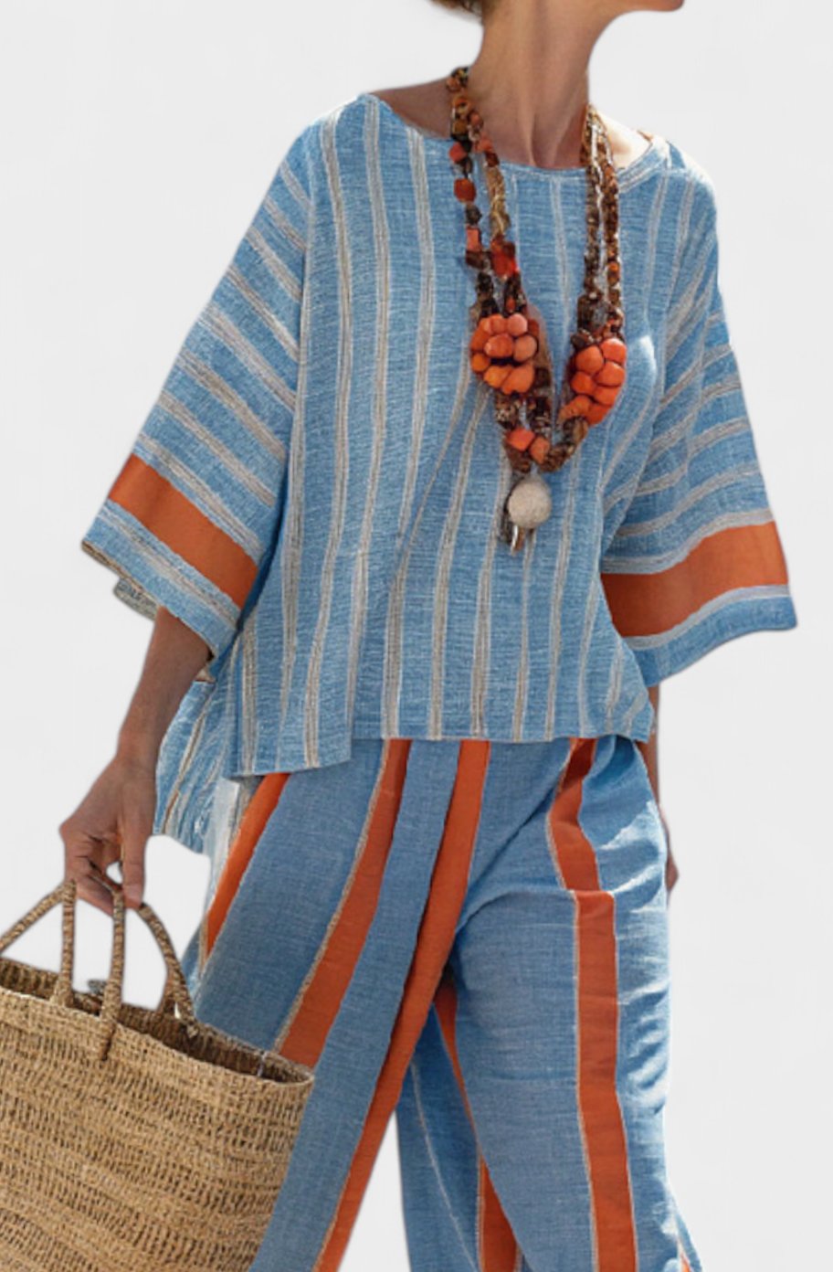 Women's Oversized Striped Top Wide-Leg Linen Pants Set
