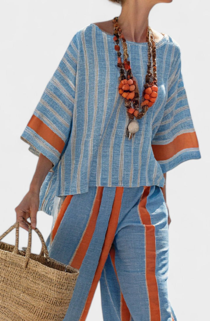Women's Oversized Striped Top Wide-Leg Linen Pants Set