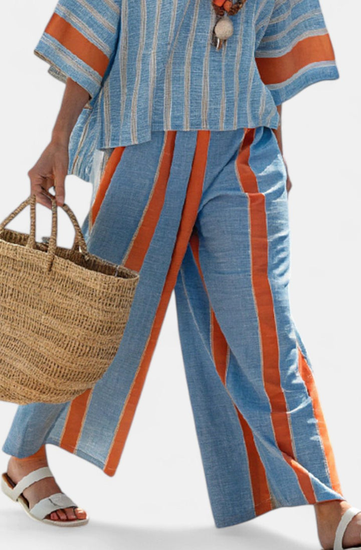 Women's Oversized Striped Top Wide-Leg Linen Pants Set