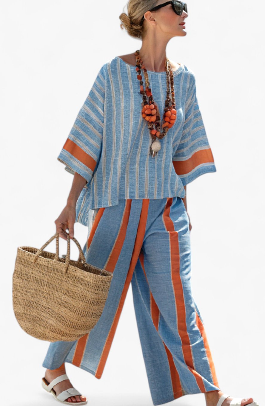 Women's Oversized Striped Top Wide-Leg Linen Pants Set - Terracotta Stripe