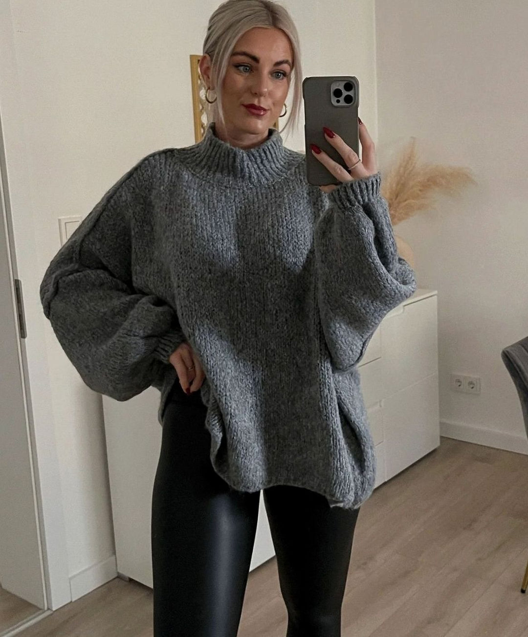 Women's Oversized Turtleneck Sweater Long Sleeve Knit Pullover - Dark Grey