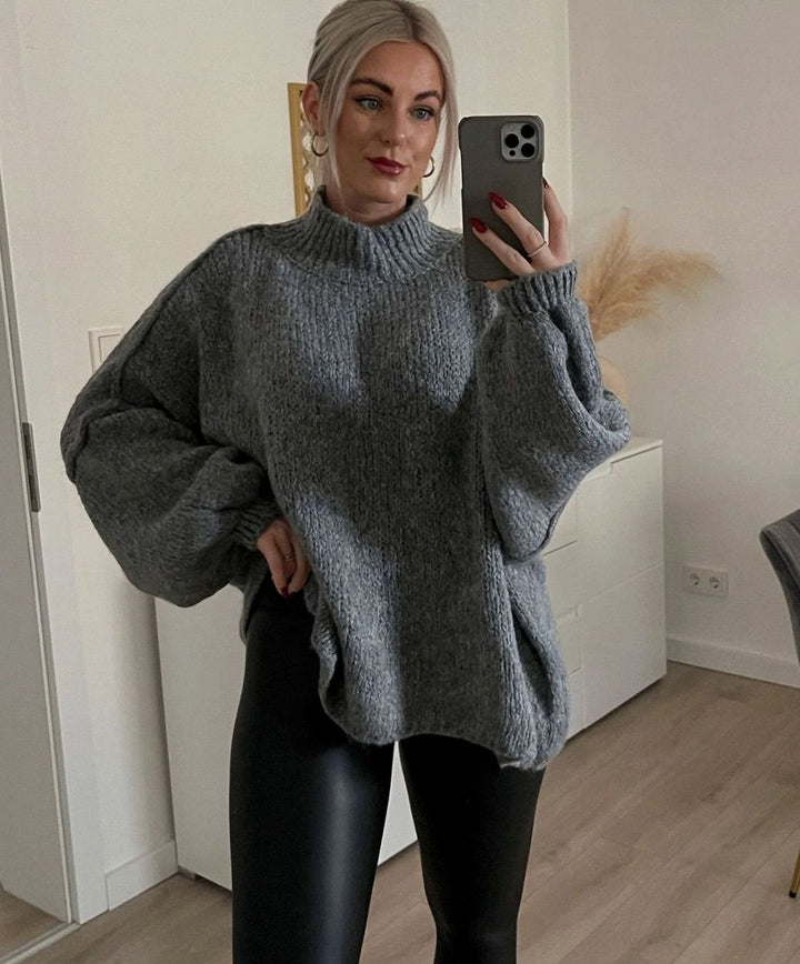 Women's Oversized Turtleneck Sweater Long Sleeve Knit Pullover - Dark Grey